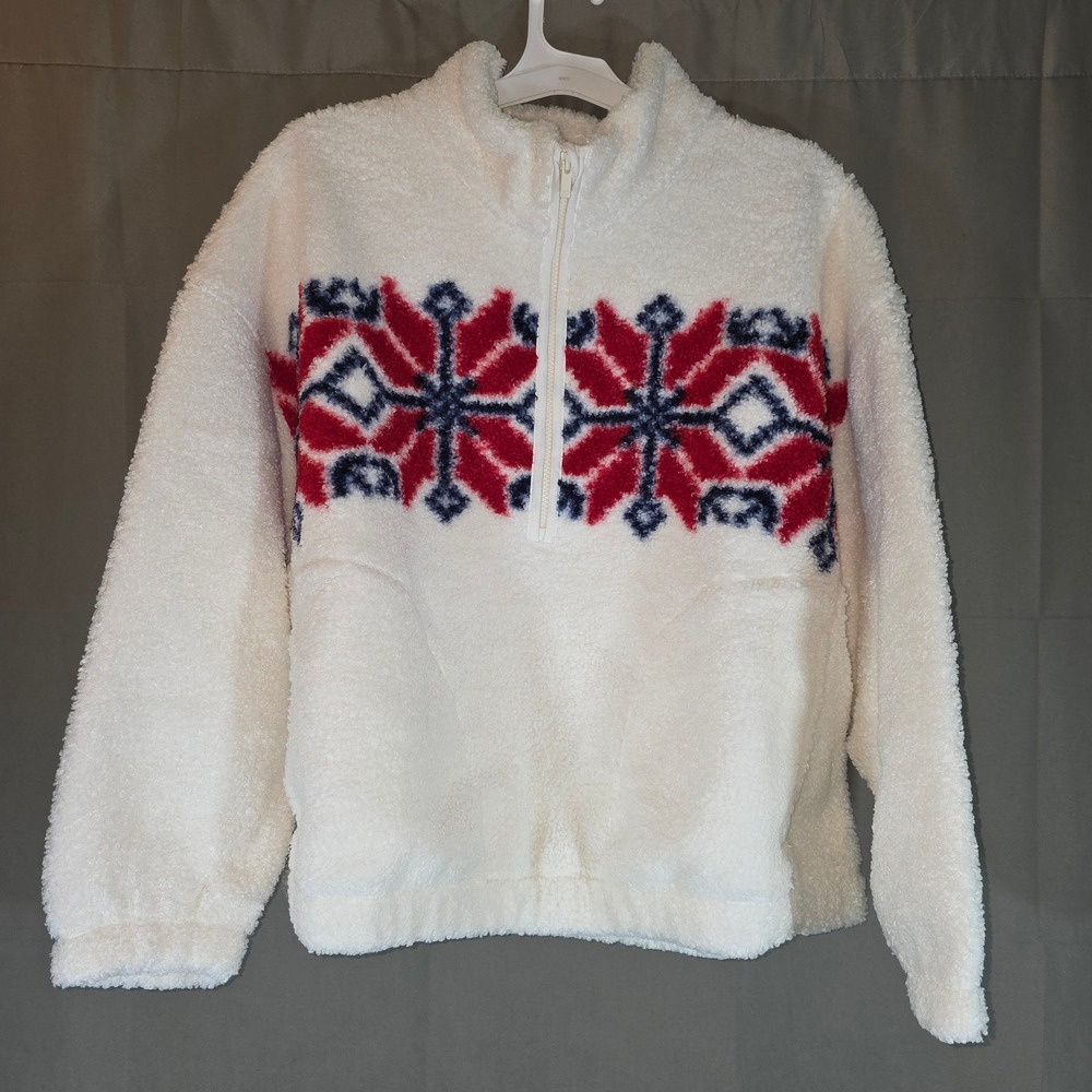 All in Motion Womens 2X Cream Sherpa Fleece Quarter Zip‎ Snowflake Pullover NEW